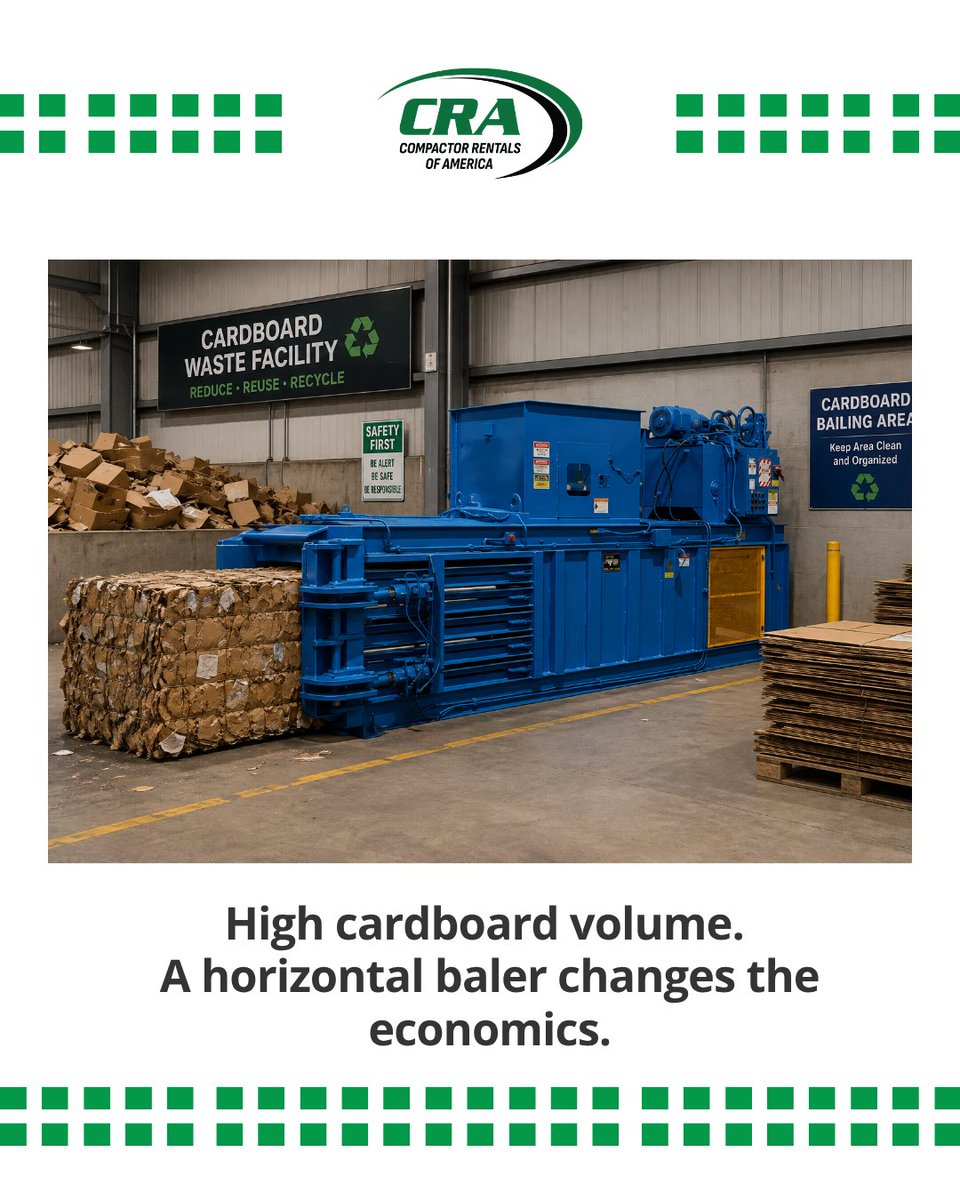 BleedBlueMMI's tweet photo. Horizontal balers aren't just bigger balers. 

They're designed for a different job—converting high-volume cardboard and recyclables from a disposal cost into a marketable commodity. But only if the volume justifies it. 

#HorizontalBalers #Recycling #WasteManagement #BuilderEra https://t.co/kj3VKoOb5u