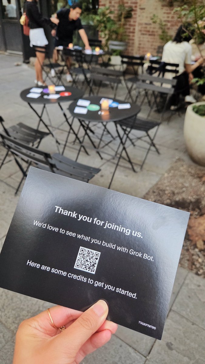 BackseatVC's tweet photo. I went to Grokbot meetup in NYC, and it was fun and well run! (Apparently was planned in just 4 days?!)

- The little cards with real prompts and use cases were great
- They gave everyone $100 in credits to try
- Wish I got to talk to more people about what they're using theirs for