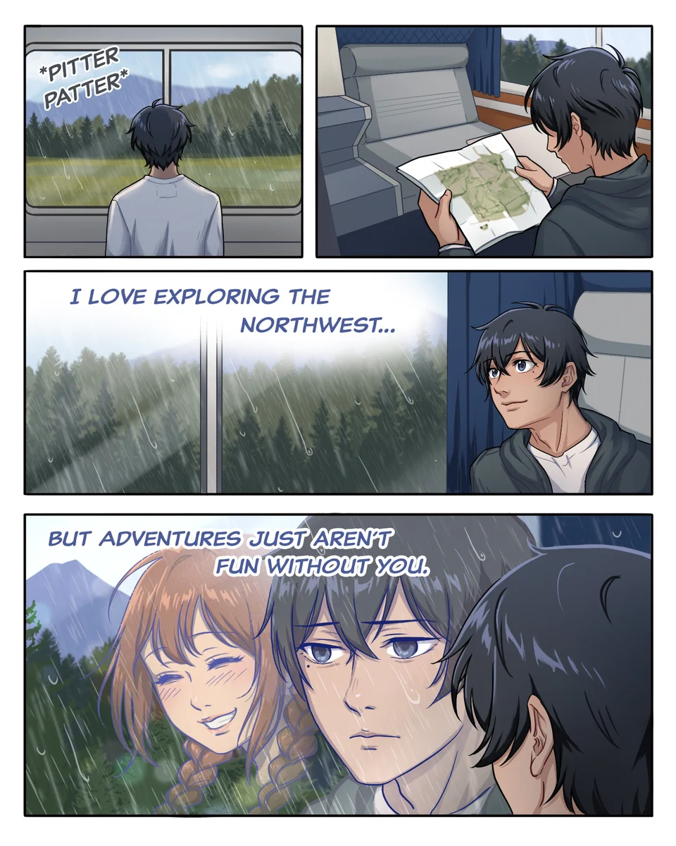 Page 3/6 of a romantic illustrated manga. The male main character rides through the rainy Northwest on Empire Builder, looking at maps and scenery. He admits he loves exploring the region, but it doesn\u2019t feel fun without her\u2014showing he\u2019s still emotionally tied to what they had. He gazes out the window and sees her happy reflection.