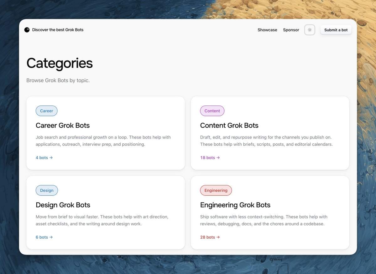 hieudinh_'s tweet photo. Just made a page to browse Grok Bots by category

https://t.co/Uof9Z4YVrr https://t.co/KdAyinA9G5