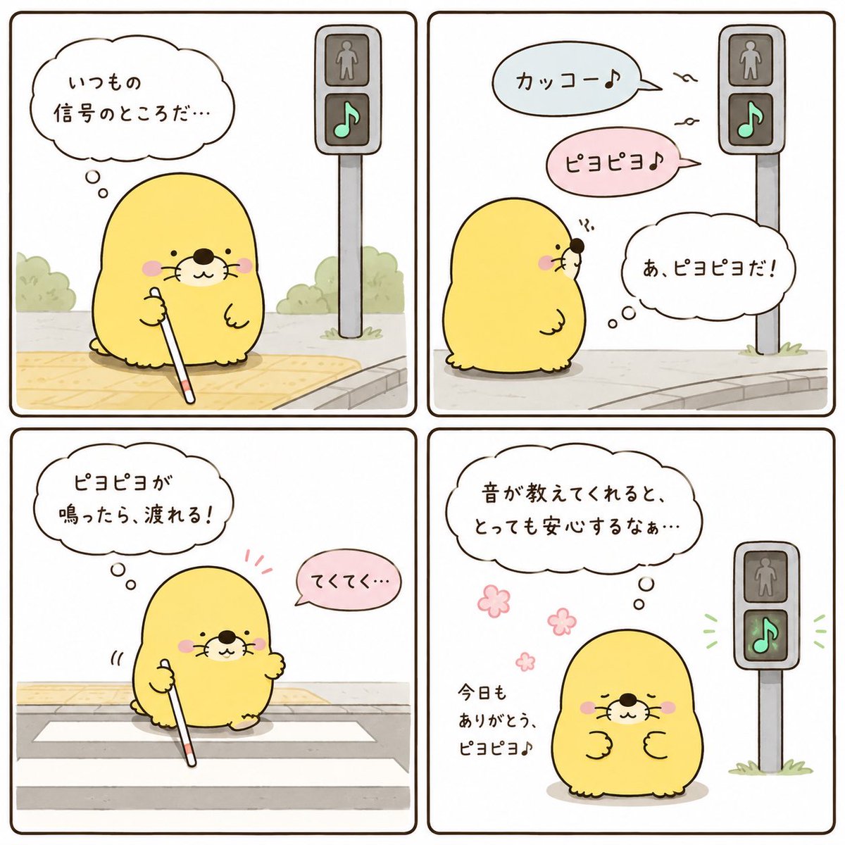 yomube_PR's tweet photo. 【もぐべえの世界の歩きかた】

見えないからこそ、音が教えてくれること。

もぐべえが信号の前で待っていると、
「カッコー♪」「ピヨピヨ♪」

音響信号の音が聞こえてきます。

視覚障害があると、信号の色を目で確認することが難しい場合があります。

そんなとき「ピヨピヨが鳴ったら渡れる」と分かることは、安心して一歩を踏み出すための大切な手がかりになります。

普段、何気なく聞いている街の音。
誰かにとっては、安全に歩くための大切な情報かもしれません。

もぐべえと一緒に、「見る」だけではない世界の感じ方を少しずつ紹介していきます。

#もぐべえ #よむべえ #視覚障害 #視覚障害者の日常 #アクセシビリティ #音響信号 #白杖 #情報アクセシビリティ