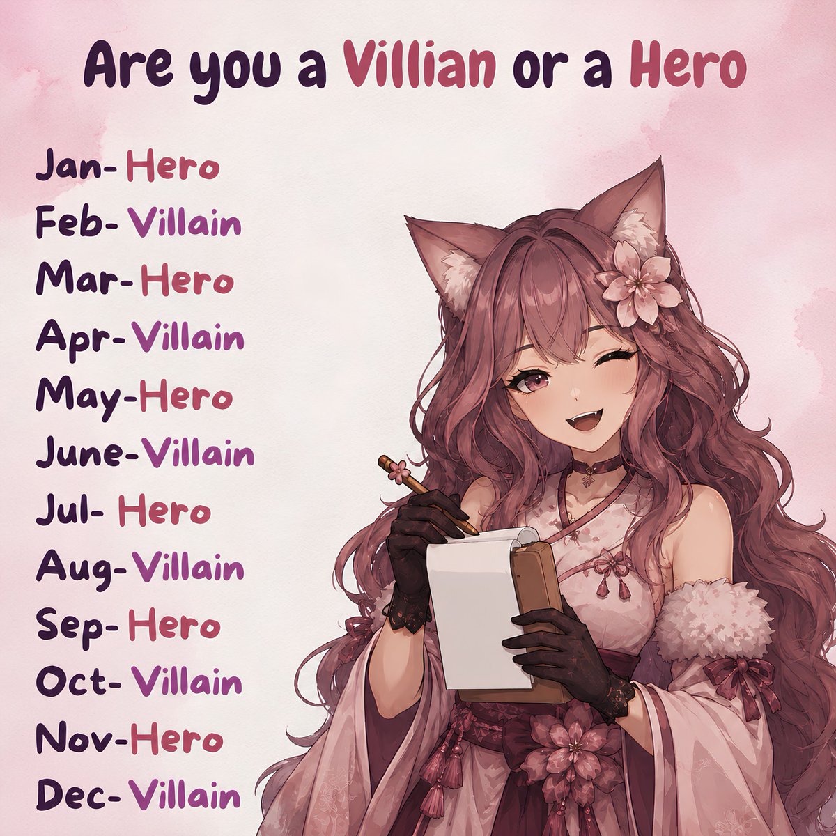 Shelly_ttv's tweet photo. Hero or Villain?  Your birth month decides your fate!  Which one are you?
#vtuber #pngtuber #foryou https://t.co/adVXXCpvsZ