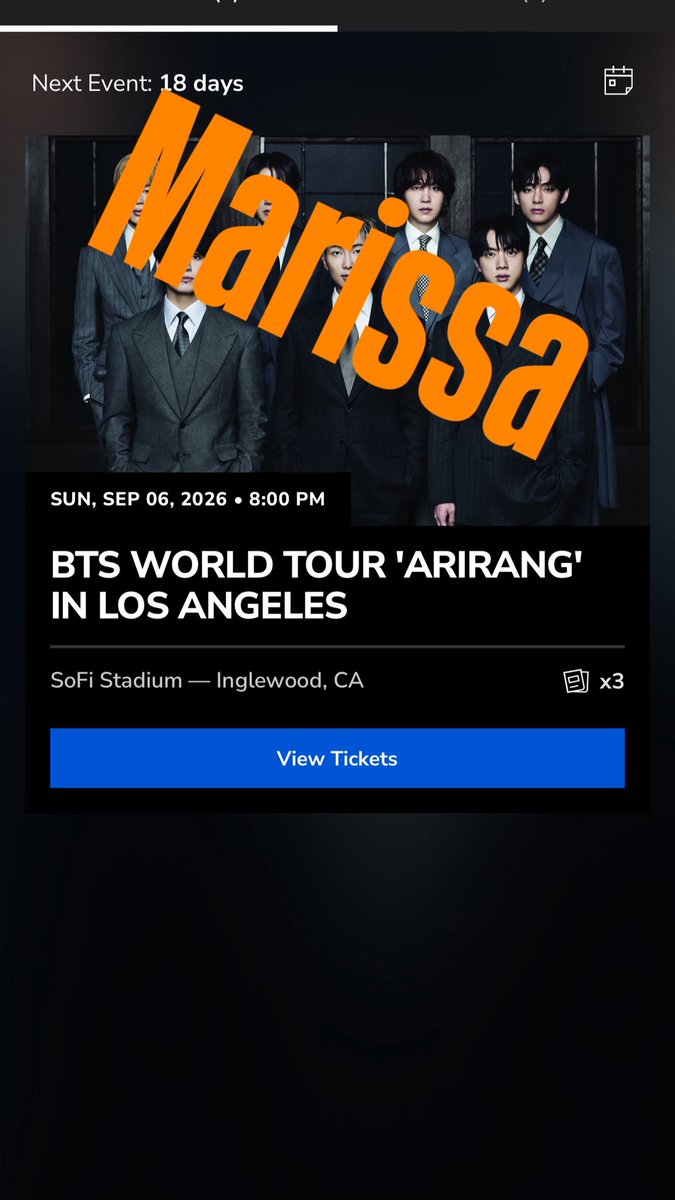 kinderrissa's tweet photo. Hey
Wts bts arirang los angeles ticket for d4 sept 6 at sofi stadium 🫪

For $500 each 

I and my cousin got extra tickets during presale

ISO WTB WTS

#Bts_worldtour_arirang_LA https://t.co/pDmLR8T9MW