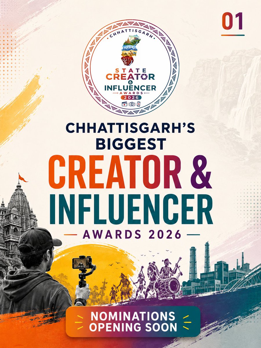 cgmygov's tweet photo. 🏆 THE WAIT IS OVER!

Chhattisgarh State Creator &amp; Influencer Awards 2026 is here! 🎉

Celebrating the creators putting Chhattisgarh on the digital map. 📱

👉 Tag a creator who deserves to win!

#CGStateCreatorAwards2026 #ChhattisgarhCreators
@DPRChhattisgarh @ChhattisgarhCMO https://t.co/UmHy7fuqtY
