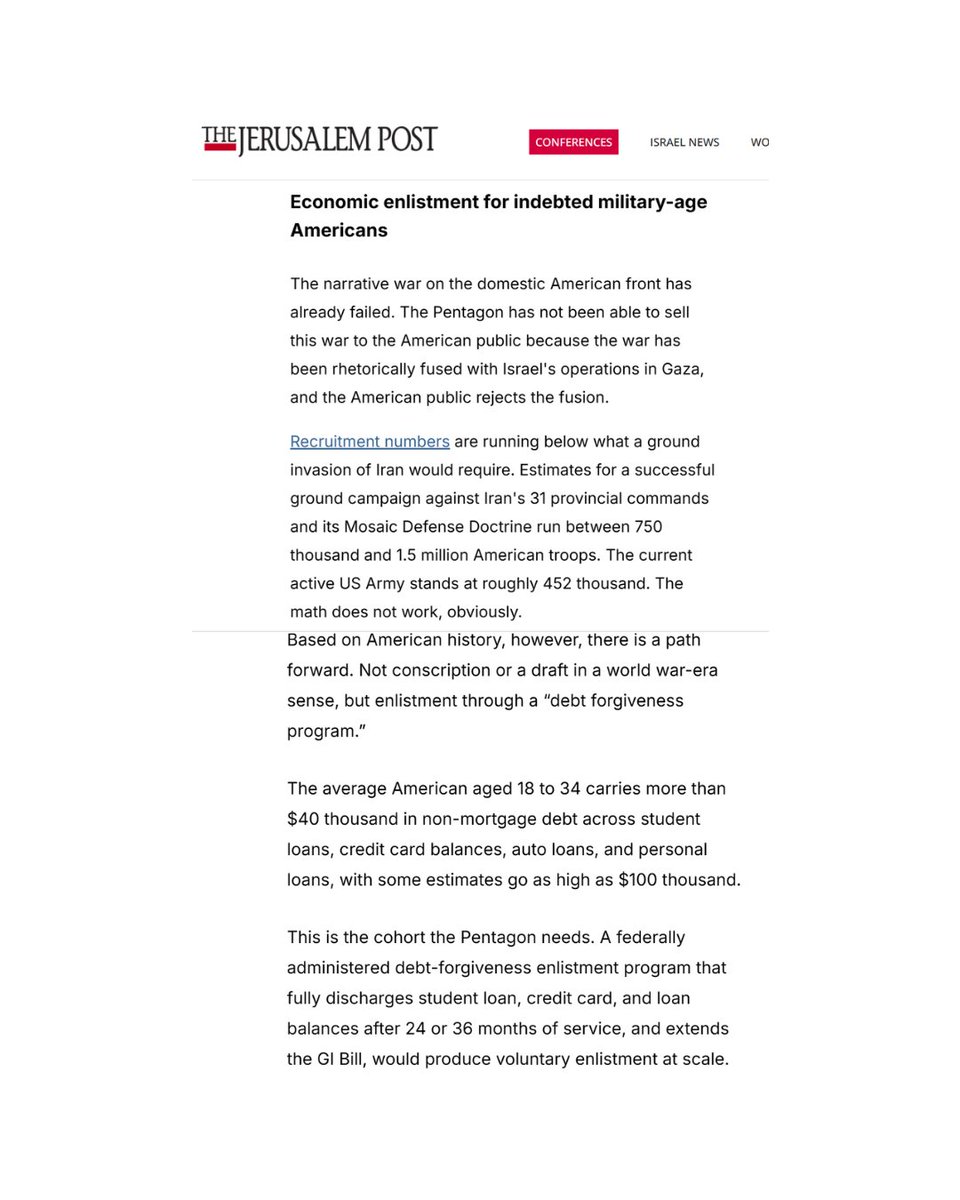 MarcusMStanley's tweet photo. The Jerusalem Post runs an op-ed suggesting using indebted Americans to invade Iran...words fail me. https://t.co/h7qISeAdOg
