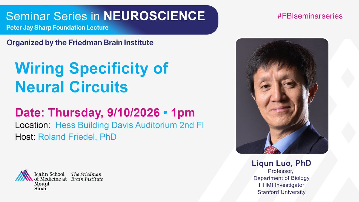 SinaiBrain's tweet photo. ONE WEEK AWAY! On September 10, 1pm, the #FriedmanBrainInstitute's Seminar Series in Neuroscience &amp; host Dr. Roland Friedel are excited to welcome @stanford's Dr. Liqun Luo ➡️ “Wiring Specificity of Neural Circuits”. Learn More about the #LuoLab's work 👉 https://t.co/mnhqCawU2j https://t.co/TxFaxNEMeI