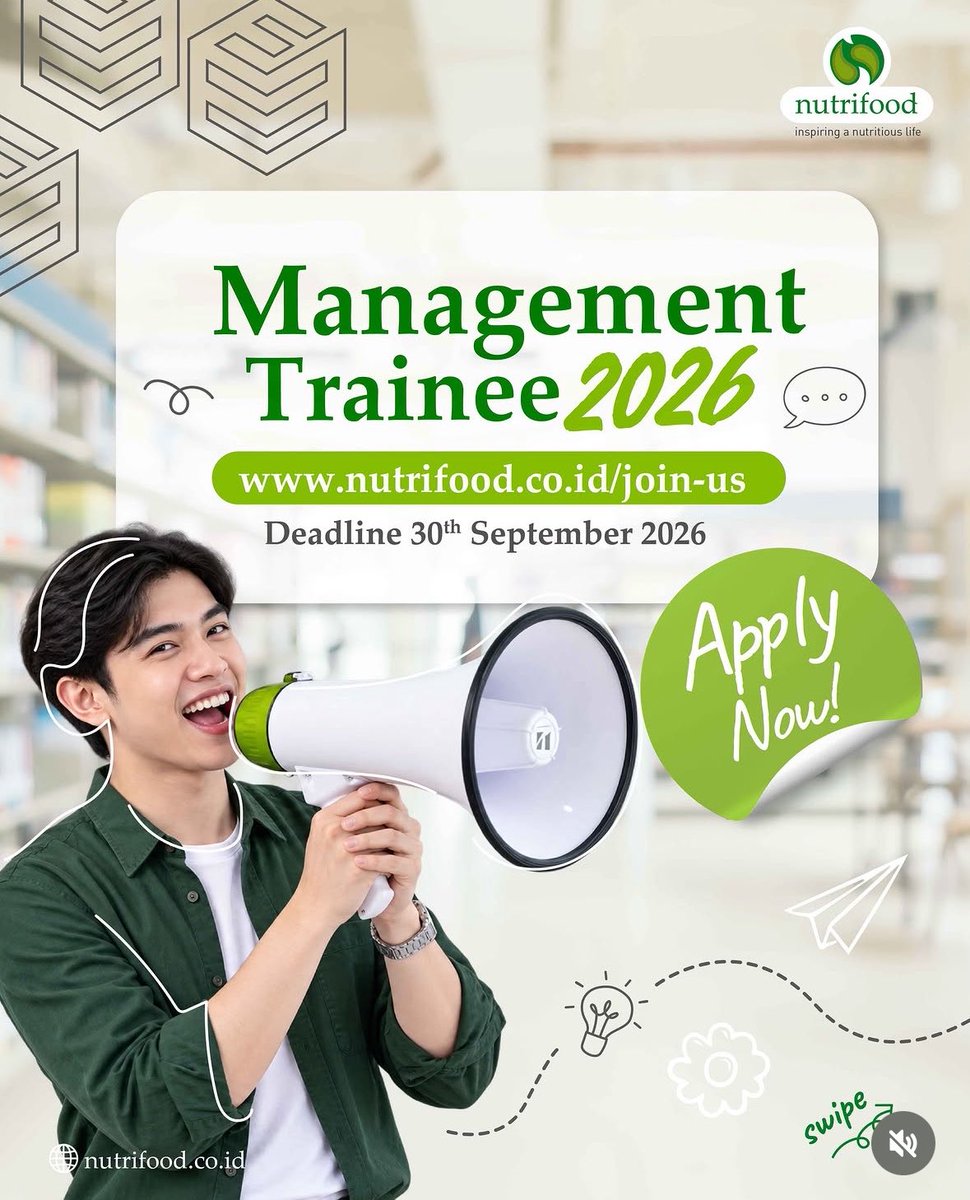 genzcorporation's tweet photo. MT Nutrifood Telah Dibuka!!!

Hello, NutriFriends!

Bagi kalian yang baru saja lulus (S1 atau S2) ataupun sedang final year (terbuka untuk semua jurusan), yuk kembangkan karirmu bersama Nutrifood melalui Nutrifood Management Trainee Program.

Pendaftaran untuk tahun 2026 batch kedua sudah dibuka lho :)

Dapatkan kesempatan berkarya dengan lebih bermakna di #RumahKedua. Makin lengkap dengan keseruan bisa bekerja dari berbagai wilayah di Indonesia. Langsung cek link di bio sekarang ya!

Siap menginspirasi bersama Nutrifood? Bergabung dengan kami di #RumahKedua 😊
