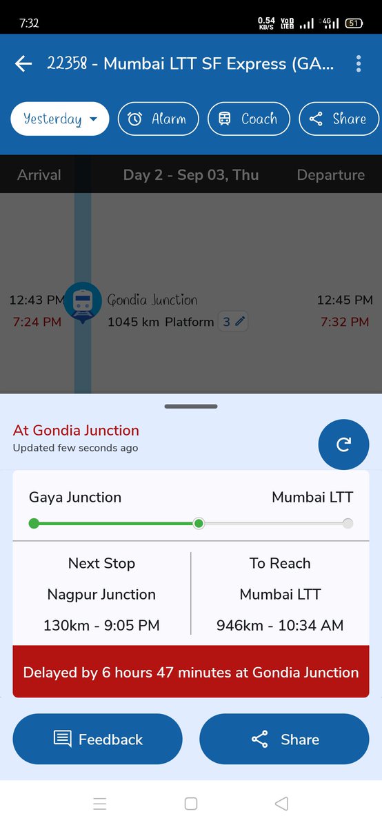 singhpawan_1997's tweet photo. @RailMadad @RailMinIndia Bro, you’re crawling like a turtle 🐢 &amp; still have the audacity to take a Superfast charge, Train 22358 has covered only 1045 km in 24 hrs. 
At this speed, I’ll definitely take more than 48 hrs to reach Mumbai.
Is this what Railways consider “Superfast”? https://t.co/5kuWdRAsFc