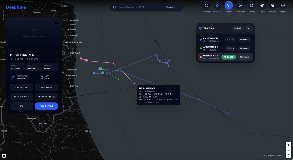 live_ais_com's tweet photo. 09-03 Gulf of Oman - crude alert:
- VLCC ARISTOTELIS II departs Fujairah and is fully laded with about 2.1 barrels of crude, destination #Daesan, #SouthKoera
- Aframax PM MONARCH departs Fujairah and is laden with about 750K barrels of crude, destination #Singapore
- Aframax DESH GARIMA departs Fujairah and is laden with about 750K barrels of crude, destination #Mumbai, India
#IranWar #OOTT