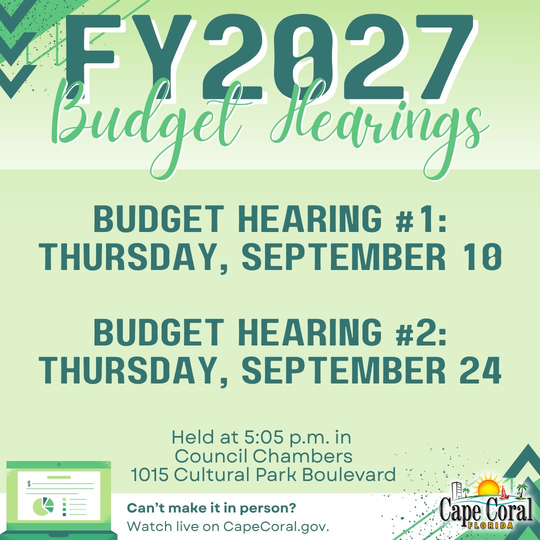 CapeCoral's tweet photo. 💬 Have a say in Cape Coral’s Budget.

Join City Council for the FY 2027 Budget Hearings:
📅 Sept. 10, 5:05 p.m.
📅 Sept. 24, 5:05 p.m.

Learn about the proposed budget and millage rate, share your input, and be part of the conversation. https://t.co/zp3LkvbcWQ
