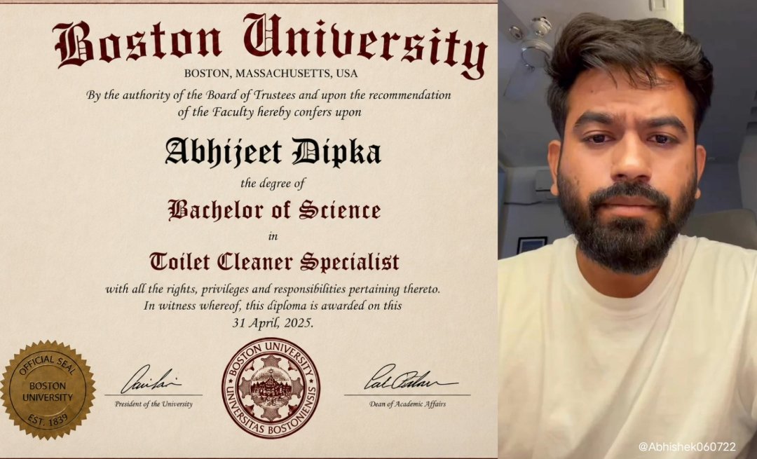 yati_Official1's tweet photo. आज अभिजीत डिपके ने आखिरकार अपनी Boston University की डिग्री दिखा दी। 😭😂

मैं तो समझता था कि भाई सिर्फ Boston घूमने गए थे, लेकिन आज पता चला कि उन्होंने https://t.co/6QqZqGCYxc. in Toilet Cleaning Technology में महारत हासिल कर रखी है। 🚽🎓

अब मेरी सारी शंकाएँ दूर हो गईं। मैं और बाकी सब लोग गलत थे। 😭🙏

सॉरी डिपके जी, आपने तो सबको एक्सपोज़ कर दिया! 😂
#HinduVishwaBandhu