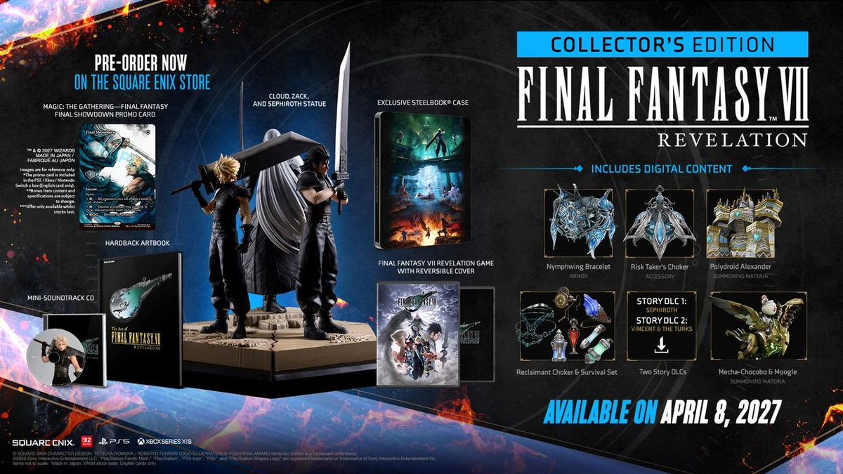 Wario64's tweet photo. FINAL FANTASY VII REVELATION Collector's Edition (PS5/XSX/Switch 2 KC) up for preorder at Square Enix Store ($349.99) https://t.co/x8O9P0s4Jb 

Deluxe $99.99

130GB size on Switch 2 https://t.co/6gjIWBx51G