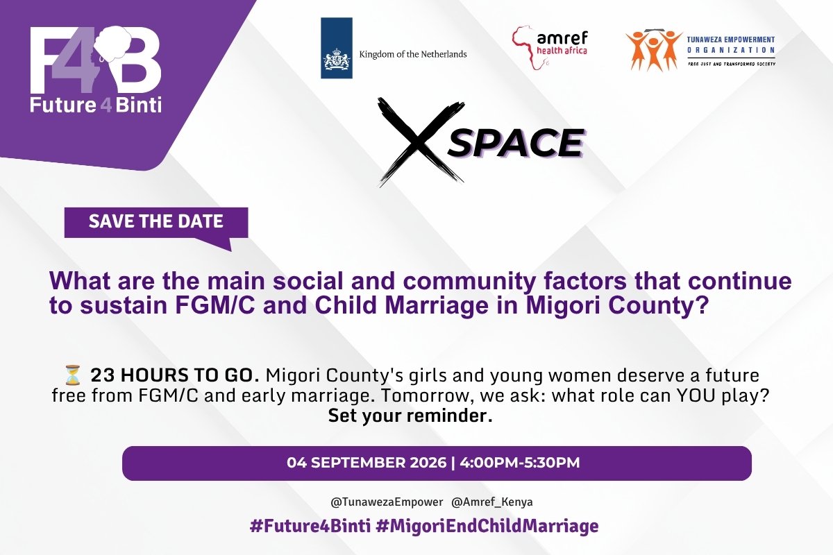 TunawezaEmpower's tweet photo. What fuels the continuation of FGM/C and Child Marriage in Migori County &amp; what will it take to change these negative drivers?

Join the conversation as we unpack the social and community factors:-

🗓️ 4 Sept 2026
⏰ 4:00–5:30 PM

https://t.co/FBvMJNvUtd

#MigoriEndChildMarriage https://t.co/mg2viNpdoJ