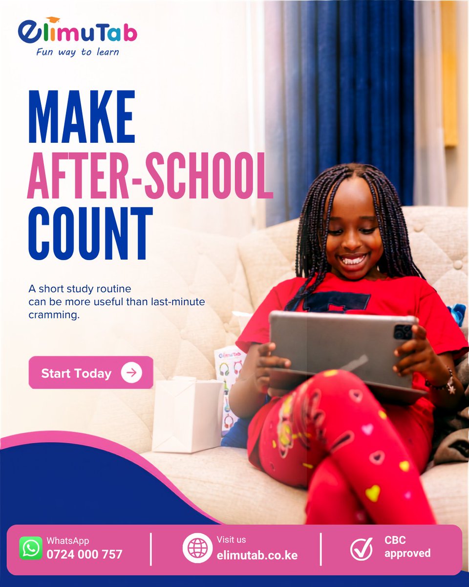 ElimuTab's tweet photo. After-school learning doesn’t need to mean hours of studying.
A short, consistent routine can help children stay on track, reinforce what they learn in class, and build better study habits.
Make after-school count with elimuTab
#elimuTab #DigitalLearning #LearningAtHome https://t.co/aKqASx5Fw3