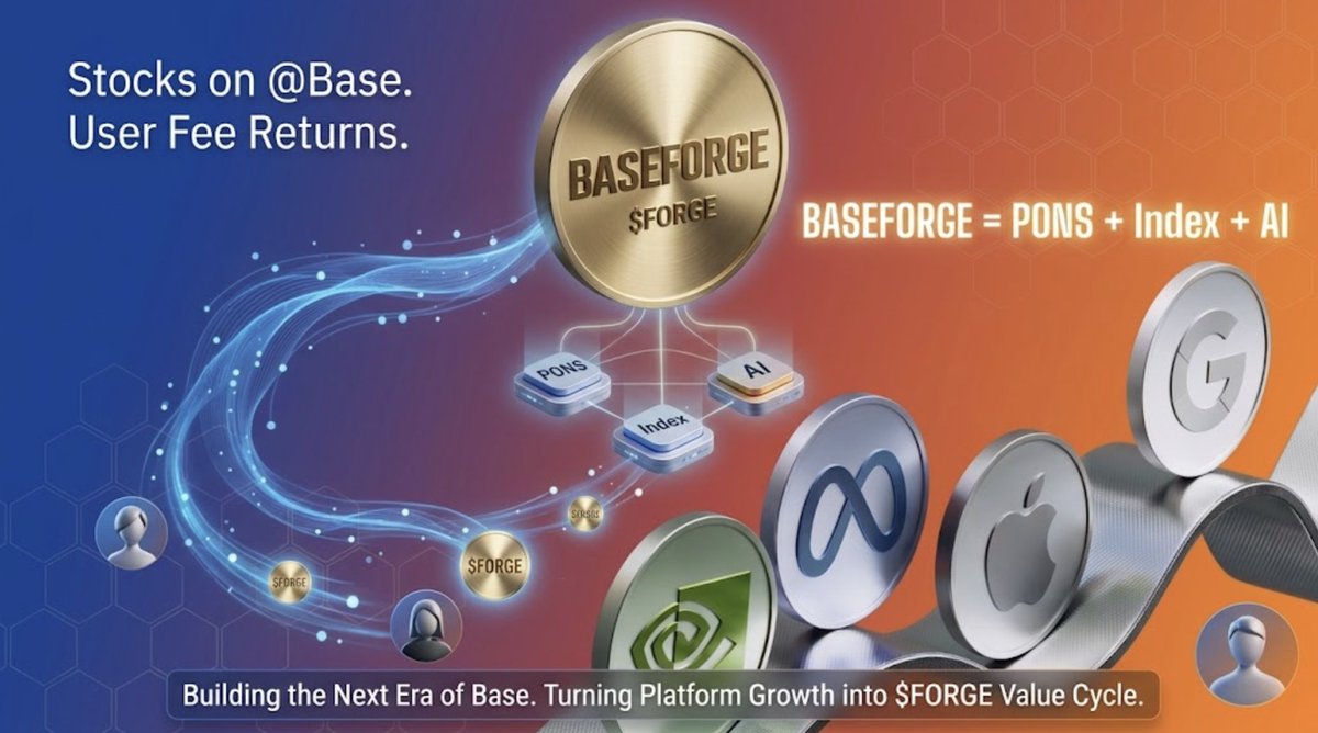 baseforgecash's tweet photo. Introduce stocks to @Base, return transaction fees to users, and transform platform growth into a value cycle of $FORGE.

PONS + Index + AI = BASEFORGE.

Building for the next era of Base. https://t.co/Mx7CmSAthk