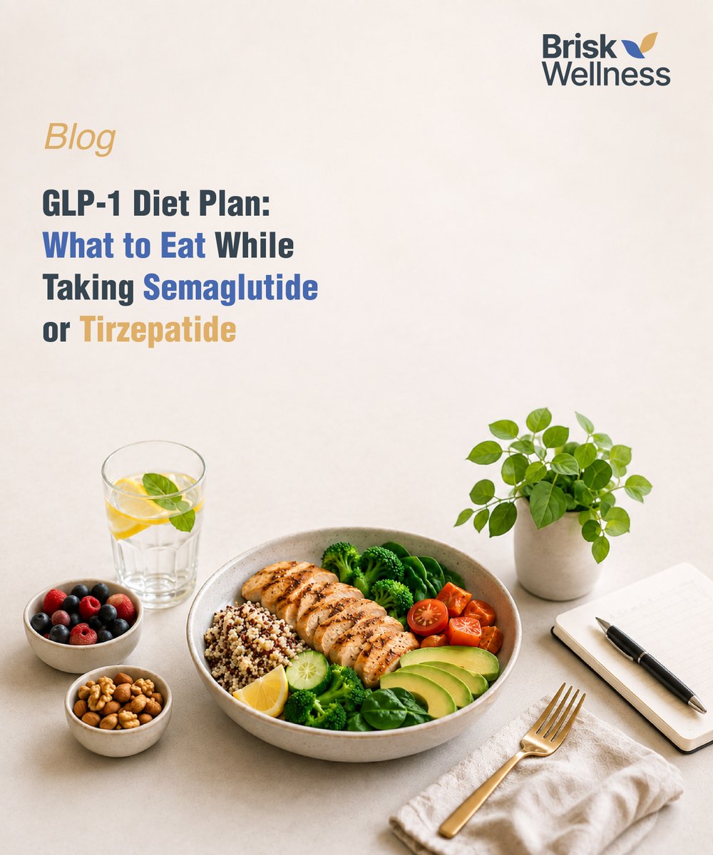 BriskWellness's tweet photo. Appetite gone but nutrition needs aren't. 

A good #GLP1 diet plan isn't about eating less, it's about protein first, smaller meals, and knowing what to eat on weight loss injections when food feels impossible.

Full breakdown 👇
https://t.co/gSjUUx4MeN

#Semaglutide #Tirzepatide https://t.co/OYojGY55UW