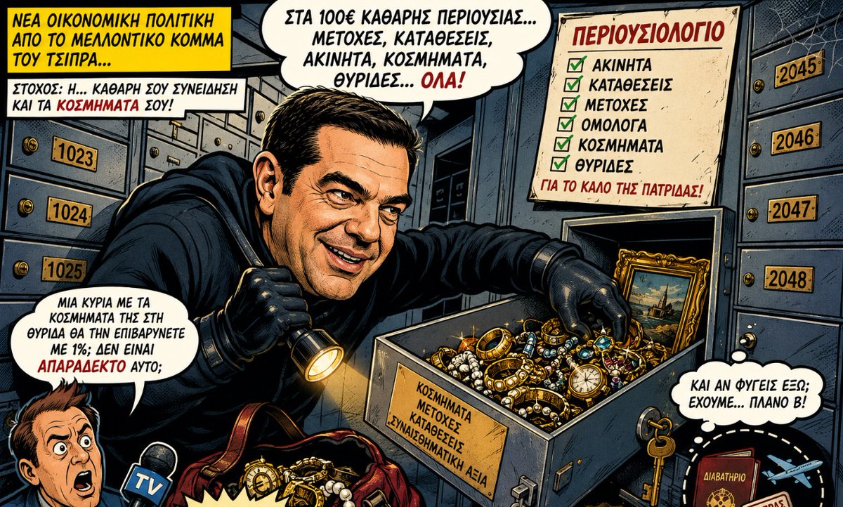 ManthosChartist's tweet photo. Αν αυτή είναι η οικονομική πολιτική που φιλοδοξεί να κυβερνήσει ξανά την Ελλάδα, τότε πραγματικά κάποιοι δεν κατάλαβαν απολύτως τίποτα από όσα περάσαμε την προηγούμενη δεκαετία.
Να συζητάμε το 2026 για περιουσιολόγιο που φτάνει μέχρι τα κοσμήματα στις τραπεζικές θυρίδες, ώστε στη συνέχεια να επιβληθεί «πατριωτική εισφορά» στην καθαρή περιουσία, είναι οικονομικά εξωφρενικό.
Μια χώρα που χρειάζεται κεφάλαια, επενδύσεις, επιχειρηματίες, αποταμιεύσεις και ανθρώπους που θα κρατήσουν τα χρήματά τους ΕΔΩ, εκπέμπει ποιο μήνυμα;
Φέρτε τα λεφτά σας στην Ελλάδα. Και μετά ελάτε να μας πείτε τι άλλο έχετε.
Μετοχές, καταθέσεις, ακίνητα, μέχρι και κοσμήματα στις τραπεζικές θυρίδες.
Επενδυτικό προσκλητήριο ή απογραφή οικοσκευής;
Συγγνώμη, αυτό δεν είναι σοβαρή οικονομική πολιτική για μια ευρωπαϊκή χώρα που πέρασε χρεοκοπία, capital controls και μια ολόκληρη γενιά φυγής κεφαλαίων.
Είναι προσκλητήριο ΕΞΟΔΟΥ κεφαλαίων με κρατική σφραγίδα.
Και το κεφάλαιο έχει ένα ενοχλητικό κουσούρι που καμία κυβέρνηση δεν κατάφερε ποτέ να φορολογήσει:
Έχει πόδια.
Μέχρι να ανοίξεις τη θυρίδα για να ψάξεις τα κοσμήματα, μπορεί να έχει ήδη περάσει τα σύνορα.
Το ακόμη πιο εξοργιστικό είναι η ονομασία.
«Πατριωτική εισφορά».
Ο πατριωτισμός όμως δεν μετριέται σε ακίνητα, μετοχές, καταθέσεις και καράτια.
Και σίγουρα δεν επιβάλλεται με εκκαθαριστικό.
Ε Λ Ε Ο Σ
Το 2015 το πληρώσαμε πανάκριβα το μάθημα.
Το 2026 δεν δικαιούμαστε ΚΑΝ να κάνουμε ότι ξεχάσαμε την ύλη.