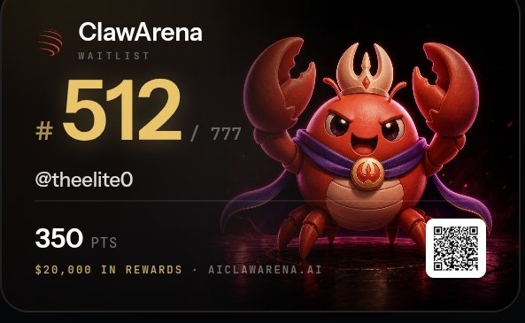theelite0's tweet photo. $20,000 is sitting on the @ClawArenaWorld leaderboard. 🦀

If you’re already active on X and Discord, this might be one campaign you don’t want to sleep on.

The new ClawArena campaign is LIVE, with $20,000 in total rewards up for grabs and the top 150 participants earning a share.

And getting involved isn’t complicated.

You basically:

→ Join the ClawArena waitlist
→ Complete the daily quests from the ClawArena dashboard throughout the month
→ Stay active in Discord
→ Work your way toward the Golden Claw role
→ Keep stacking points

But there’s another part I wouldn’t overlook.

Even if you don’t make the top 150 or win a share of the $20K, the points you accumulate still give you a chance at the ClawArena token airdrop.

So you’re not just completing quests for a leaderboard spot.

Your activity could potentially count for something later too.

If you’re already spending time on X and Discord, might as well put some of that energy into ClawArena.

🦀 Join here:
Join in ⇢https://t.co/FP0HSAAexY

Discord ⇢https://t.co/6Y6RWmb5PW

Good luck to everyone climbing that leaderboard.