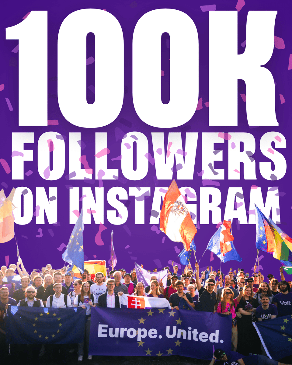 A celebratory graphic on a deep purple background with pink and lilac confetti. Large white capital letters read "100K FOLLOWERS ON INSTAGRAM". Below, a photograph shows a large crowd of Volt supporters outdoors in the sunshine, many in Volt branded T-shirts, holding up EU flags, national flags and a rainbow Pride flag. At the front they hold two banners: an EU flag and a purple one reading "Europe. United."