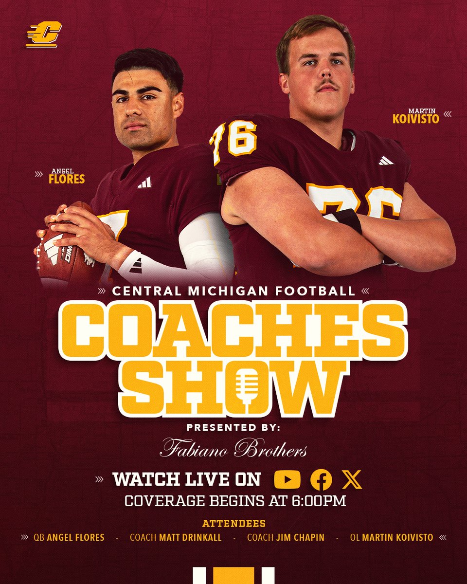 CMU_Football's tweet photo. COACHES SHOW | TONIGHT 6:00 PM ET
Join us at Ascend Sports Bar & Lounge at Soaring Eagle Casino or watch live on Central Michigan Athletics YouTube, Facebook & Twitter.
Story: https://t.co/qPUEXPo1jV
#FireUpChips https://t.co/eNnhjIq6L0