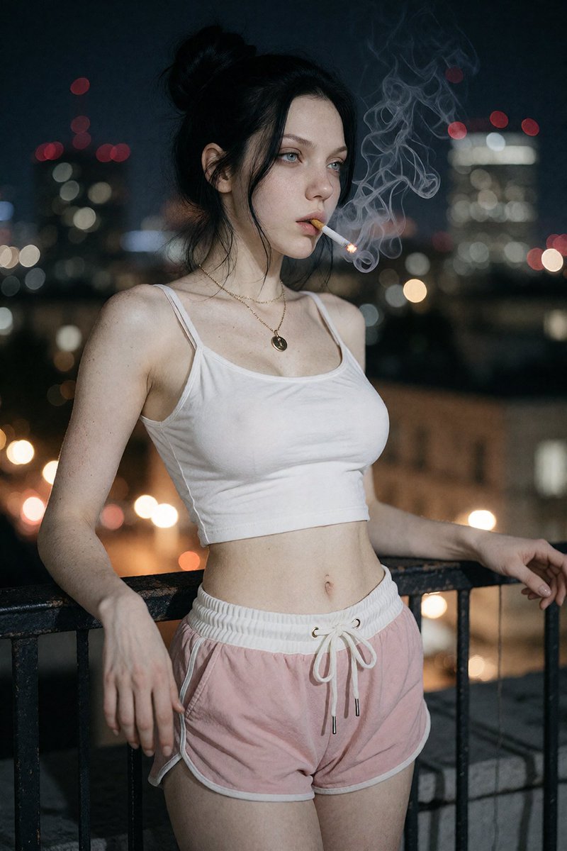 MrUnName99's tweet photo. A young woman smoking a cigarette while wearing a cropped white tank top and pink shorts.

#aiprompt #aiart #aiimage #aigirl #waifu #comfyui #AI美少女 #AIイラスト https://t.co/st2ofeXKkc