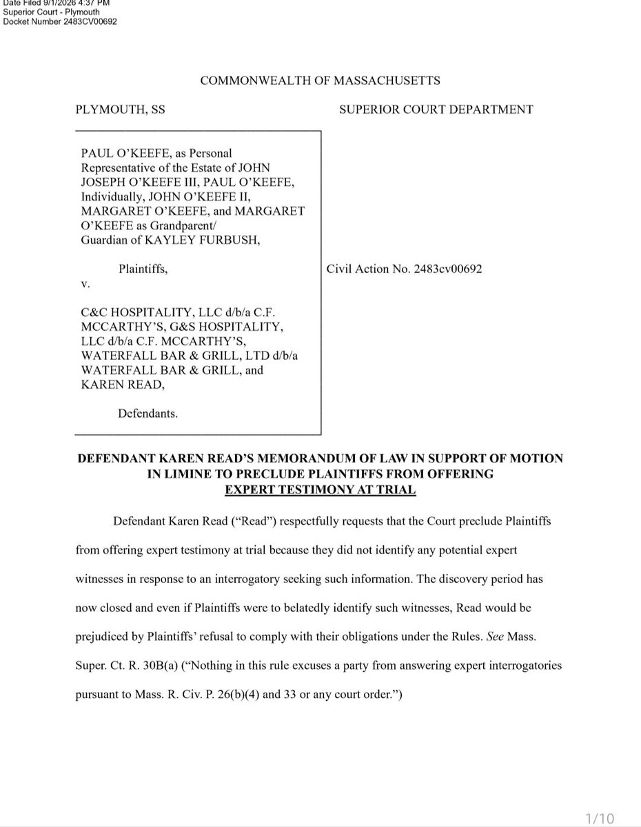 kreadisinnocent's tweet photo. NEW: O’Keefes v. Read 

Defendant Karen Read’s Motion in Limine to Preclude Plaintiffs from Offering Expert Testimony at Trial 

Defendant Karen Read’s Memorandum of Law in Support of Motion in Limine to Preclude Plaintiffs from Offering Expert Testimony at Trial 

Read all pages here: https://t.co/MjiSk0Pm1E