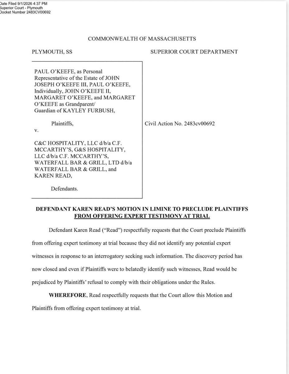 kreadisinnocent's tweet photo. NEW: O’Keefes v. Read 

Defendant Karen Read’s Motion in Limine to Preclude Plaintiffs from Offering Expert Testimony at Trial 

Defendant Karen Read’s Memorandum of Law in Support of Motion in Limine to Preclude Plaintiffs from Offering Expert Testimony at Trial 

Read all pages here: https://t.co/MjiSk0Pm1E