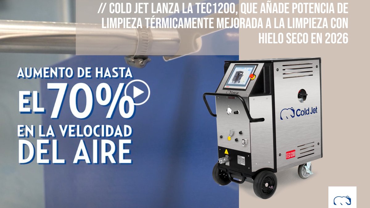 europawire's tweet photo. 🧊 Cold Jet lanza la TEC1200 para reforzar la limpieza industrial con hielo seco

• Combina aire caliente y hielo seco
• Hasta 25 veces más rápida en ciertas aplicaciones
• Elimina pintura, adhesivos y corrosión
• Reduce el uso de químicos y abrasivos