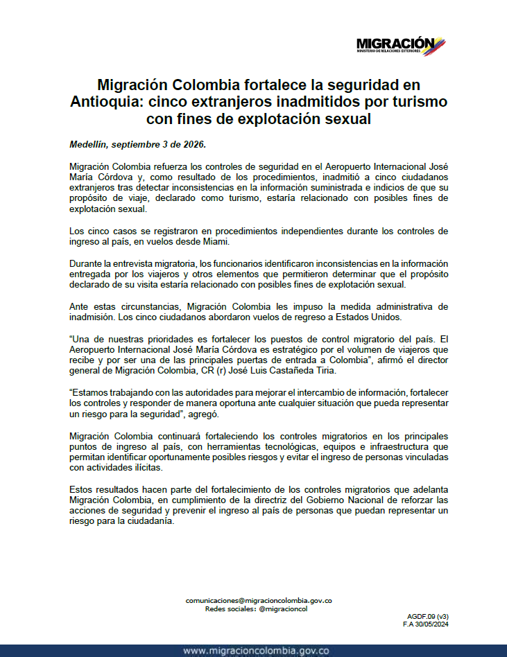 MigracionCol's tweet photo. En el Gobierno del Presidente @ABDELAESPRIELLA, Migración Colombia fortalece la seguridad en Antioquia: cinco extranjeros inadmitidos por turismo con fines de explotación sexual.

Una prioridad de la #PatriaMilagro es fortalecer los puestos de control migratorio del país 👇 https://t.co/B061lLxxm6