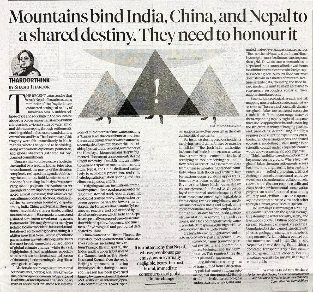 ShashiTharoor's tweet photo. In my latest #TharoorThink column for the @IndianExpress today, I raise the question of whether India, China and Nepal can cooperate together in managing their shared mountain ecosystem. Nepal is paying the price for what others have contributed to global warming; giving them data and advance information is the least its neighbours can do to help them cope.