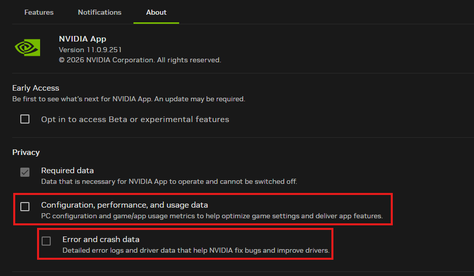 ultimatetweakk's tweet photo. 🚨 NVIDIA USERS: LOWER INPUT DELAY

Your NVIDIA App is collecting performance + usage data while you're gaming.

Turn this shit OFF:

NVIDIA App → About → Privacy

❌ Configuration, performance & usage data
❌ Error & crash data

Less background activity. More resources for your game. 

Most gamers don't even know these are enabled.

Follow @ultimatetweakk for more PC tips!
