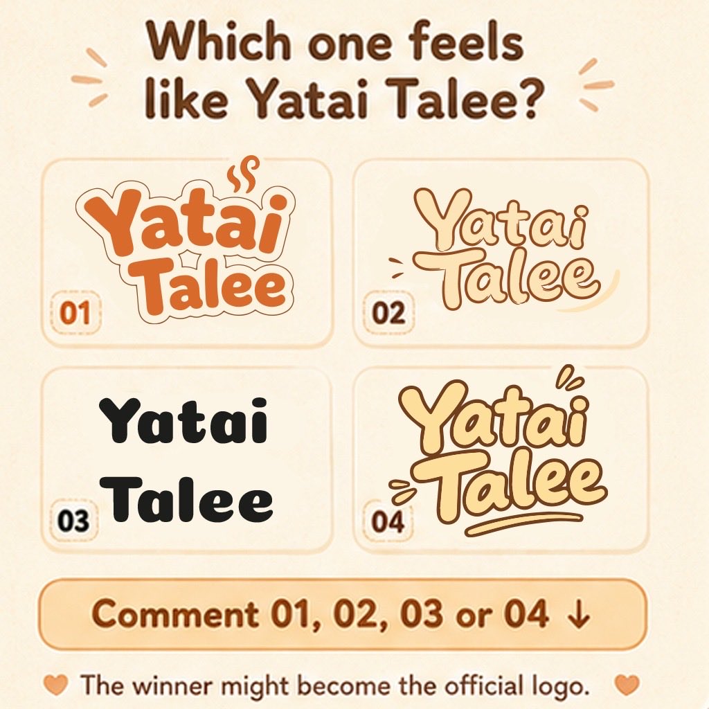 Lunahasrett's tweet photo. I need your help! ๐ฎ Iโve narrowed down the Yatai Talee logo to 4 finalists.
Which one feels like it belongs in our cozy world? The winner might become our official Steam logo! ๐ฎ
Vote 01, 02, 03, or 04 below! ๐
#IndieGame #CozyGames #GameDev #YataiTalee https://t.co/kfyIdnGhXR