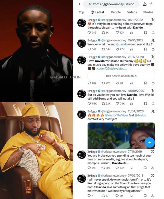 yabaleftonline's tweet photo. Nigerians dig up some of Erigga's old tweets about Davido following their clash. https://t.co/5Yj1qeSQ3q