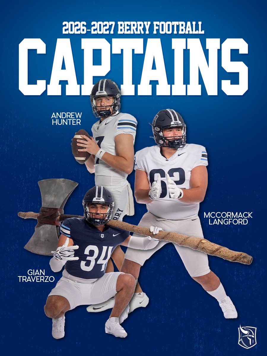 BerryFootball's tweet photo. LEADING THE WAY.
Introducing your 2026 Berry Football captains. They were chosen to lead, ready to compete, and proud to represent Berry.
Let’s get to work. #BUILD #d3ftball https://t.co/TZiuMQZTT3