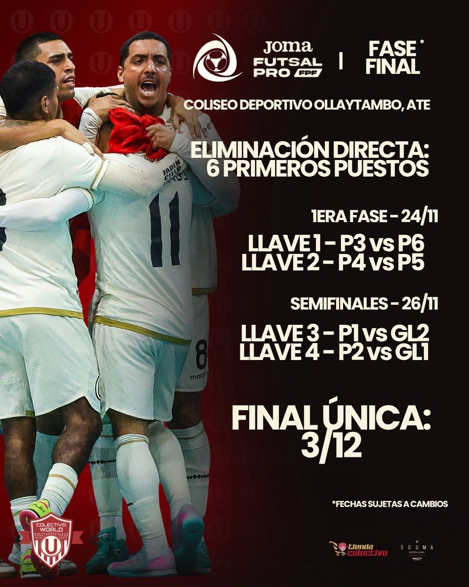 ColectivoWORLD's tweet photo. 🚨 ¡FIXTURE CONFIRMADO! ⚽🔥

Ya tenemos el fixture oficial de @UPolideportivo para la Futsal Pro FPF. 🔴🟡

Todos los encuentros se jugarán en el Coliseo Ollaytambo de Ate. 🏟️

Además, te explicamos cómo será el formato de la fase final del torneo. 💪

*Fechas y horas sujetas a cambios

#Universitario #ColectivoWorld #FutsalPro #YdaleU