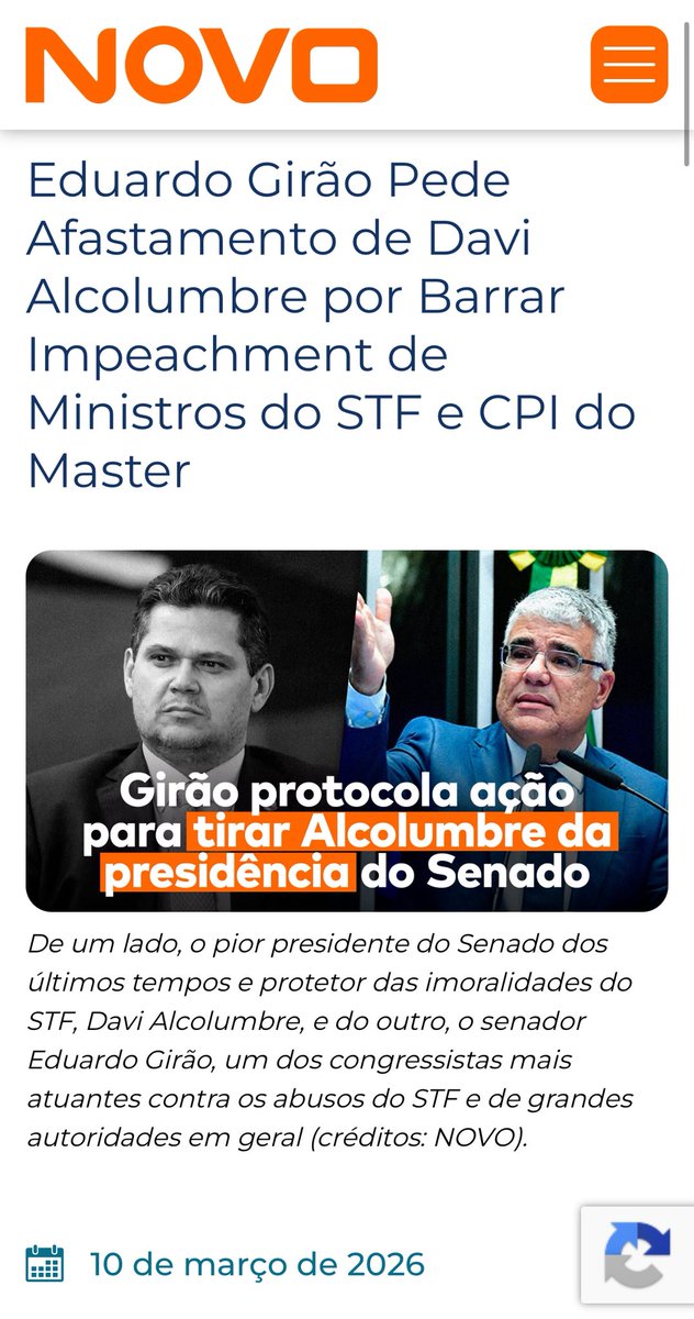 EduGiraoOficial's tweet photo. MEIO DIA P/ALCOLUMBRE?
Eu já acionei o Conselho de Ética do @SenadoFederal desde março pedindo o IMEDIATO afastamento do presidente Davi Alcolumbre p/omissão institucional e abuso de suas prerrogativas em relação ao conflito de interesse dele ao não abrir minha CPI do Master além dos engavetamentos de dezenas impeachments do STF;Até agora ele sequer instalou a Comissão...Tive q acionar o Supremo(vergonha) p/determinar ao Senado a referida abertura.Caiu c/min Carmen Lúcia e até agora nada...O regime se blinda! #forçamendonça #acordabrasil 
Paz & Bem