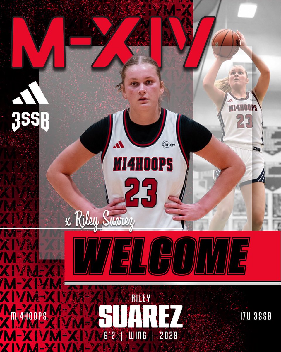 M14Hoops_Girls's tweet photo. Welcome to the M-XIV Family! Riley Suarez @riley_suarez52 will join the 17U 3SSB team!  She joins the club holding 9 Division 1 Offers, ranked as a Top 5 2029 in Indiana! She is an Indiana Future All Star and an All-State player in Indiana! She is a natural scorer and at 6’2, a matchup nightmare!

We are excited to have her join the squad! 🔴⚫️⚪️
 @3SSBGCIRCUIT /// #3SSB #ADIDAS #REPTHE14 #RED&BLACKSTORM