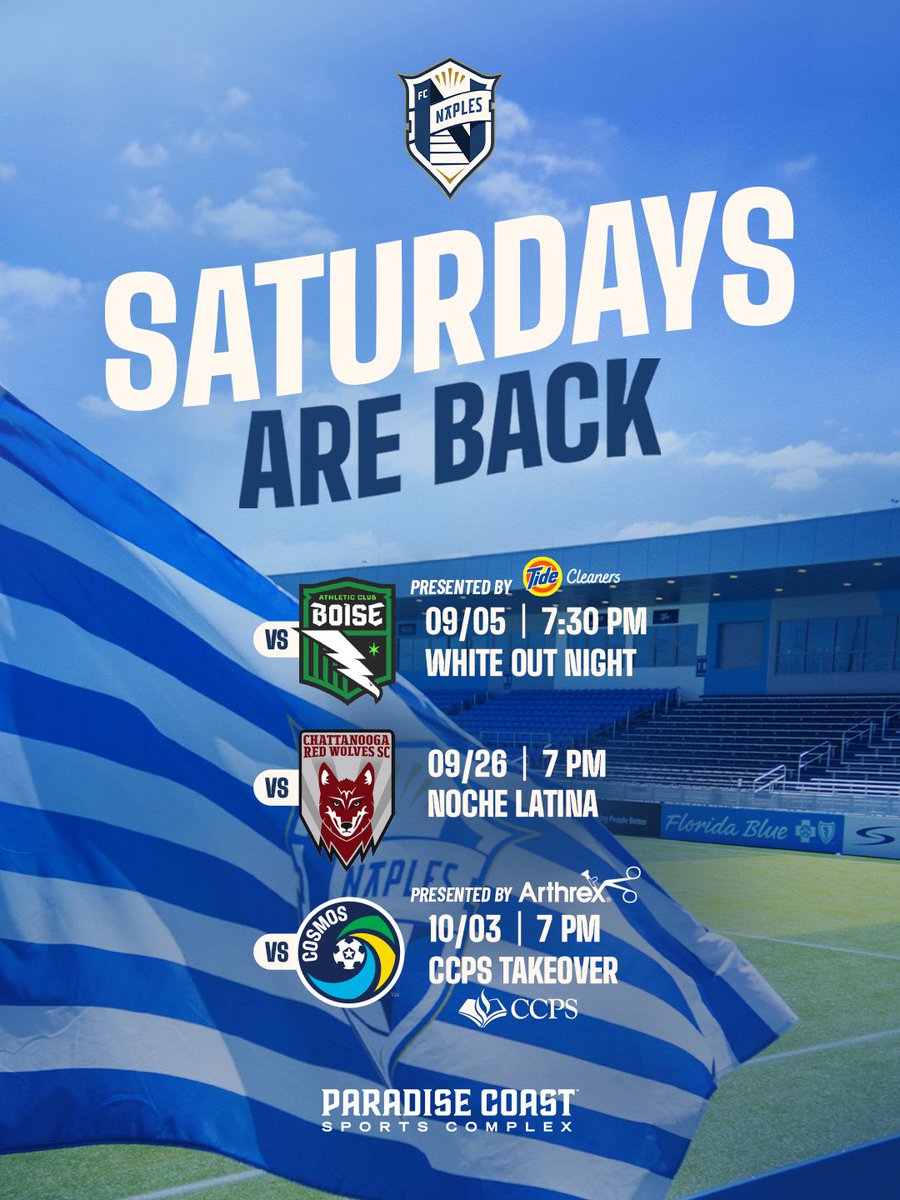 fcnaples_'s tweet photo. SATURDAY NIGHT SOCCER IS BACK NAPLES ⚽️🌴

After a stretch of midweek matchups, we are back under the Paradise lights on Saturday nights 👏 

Grab your tickets now! 🎟️ https://t.co/UHdqmVJtuH https://t.co/Y0XQUU3KTg