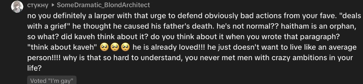 BnnuyMintchoco's tweet photo. I'm fucking tired chief. “Larper” meanwhile you’re sitting there with a Kaveh pfp, making the most rancid takes about Kaveh 😭 Be fucking serious. When I hate a character, I don’t put them on my profile or ship them with somebody. Make it make sense. https://t.co/NkCo4zhIMO
