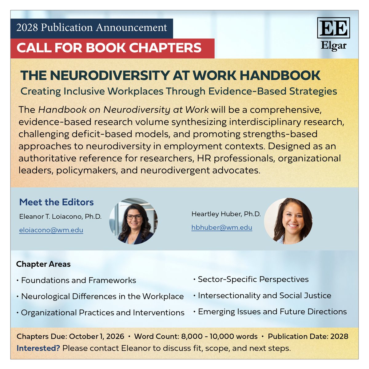 ElgarPublishing's tweet photo. 📣 📝 CHAPTER PROPOSALS WELCOME
The #Neurodiversity at #Work Handbook will synthesize interdisciplinary research, challenge deficit-based models, and promote strengths-based approaches to neurodiversity.
Eds @EleanorLoiacono, Heartley Huber @williamandmary
https://t.co/9d6BeI6exM https://t.co/ynB9Q5w19i