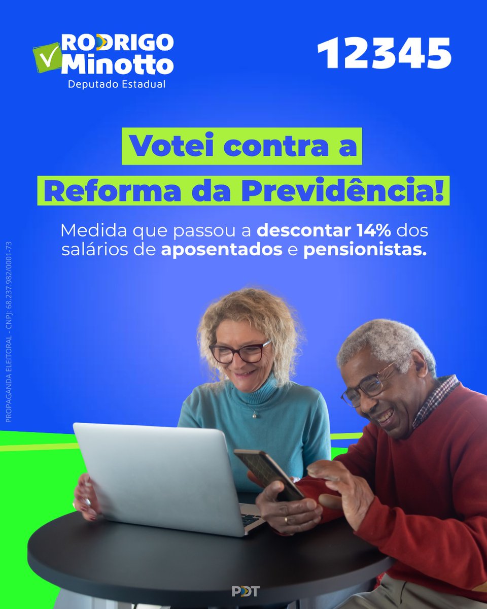 rodrigominotto's tweet photo. Eu votei contra a Reforma da Previdência que tira todos os meses 14% dos aposentados e pensionistas, porque acredito que aposentados e pensionistas merecem respeito e valorização! https://t.co/S6D1Ku2BxP