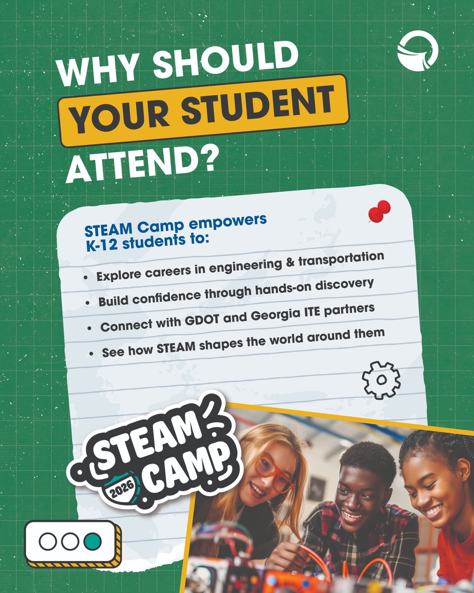 GDOTNW's tweet photo. The 2026 STEAM Camp returns this November with hands‑on activities and engineering challenges for K‑12 students. Visit our partner's @GeorgiaITE webpage for registration details and ways to get involved. #STEAMCamp2026 

Learn more: https://t.co/s4vBjxaJM1 

#STEAMCamp2026 https://t.co/eVpgcQpYyf