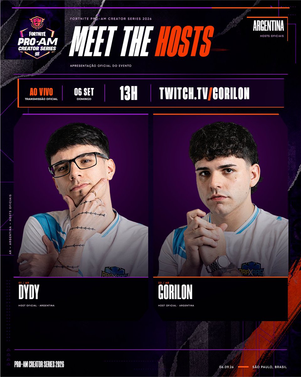 FNCompetitiveBR's tweet photo. ¡Las voces de la partida están aseguradas! 🎙️✨

La transmisión del PRO-AM Creators Series será en Twitch de la mano de los cracks @gorilonfn y @dydytw.

Prepara la soda, junta a la comunidad y alístate para seguir cada caída en vivo con nosotros. 🎧🔥
06/09 a partir de las 13:00 h (BRT)
🟣 /gorilon