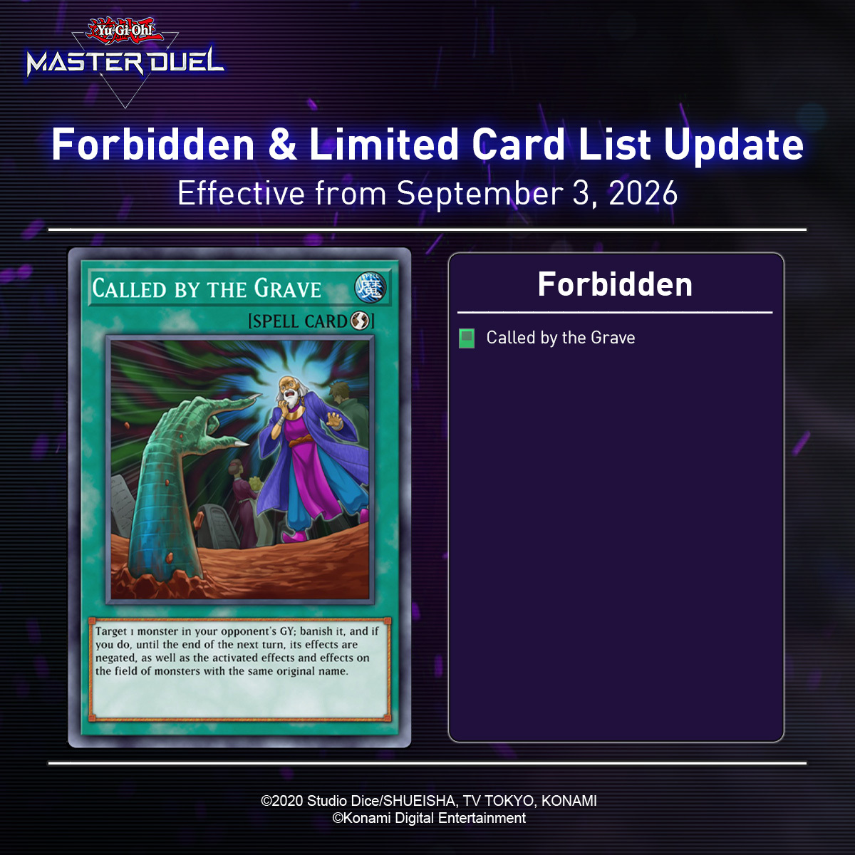 YGOMasterDuel's tweet photo. In case you missed it, the new Forbidden &amp; Limited List is now in effect in #YuGiOhMASTERDUEL!  

For more information, please check your in-game notifications. https://t.co/Q7mpkCRSzl