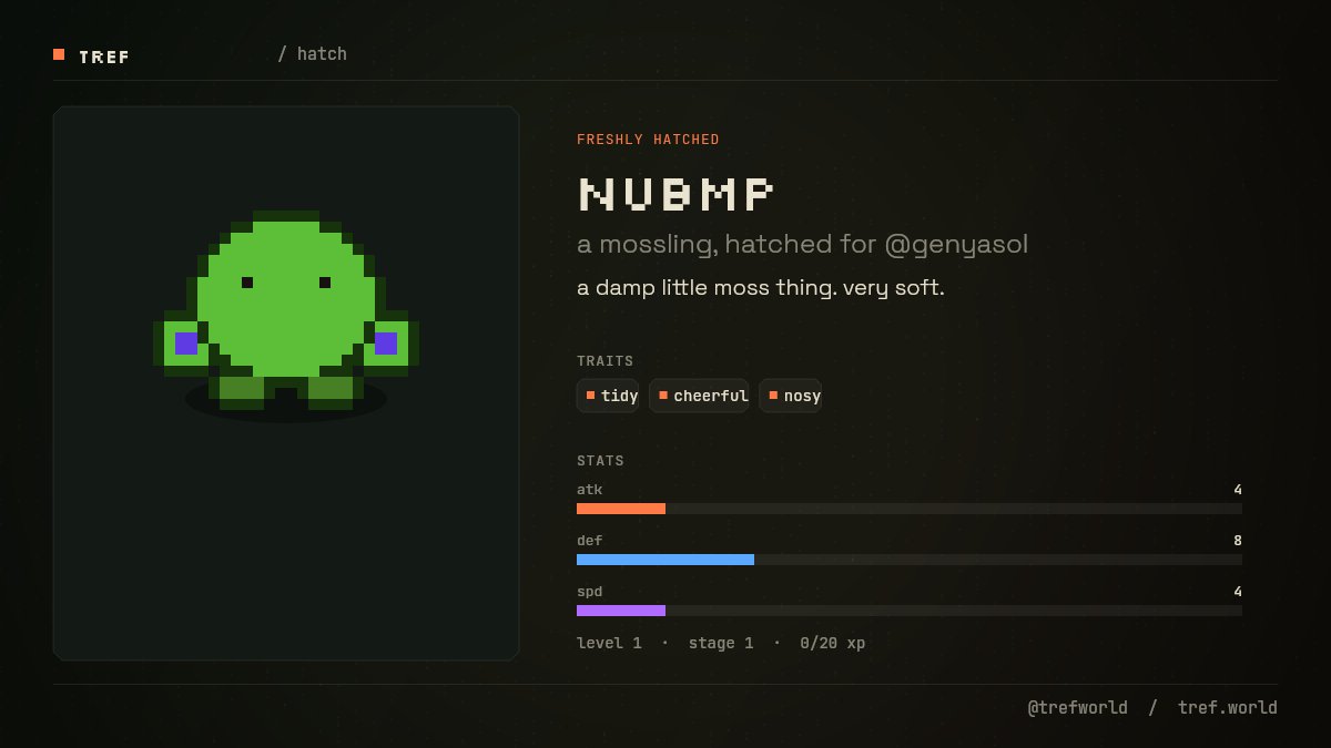 trefworld's tweet photo. @GenyaSol @genyasol hatched. meet nubmp, a mossling. traits: tidy, cheerful, nosy. it lives at the village now. https://t.co/ktIMMPvojp https://t.co/xC0uiCmCNt