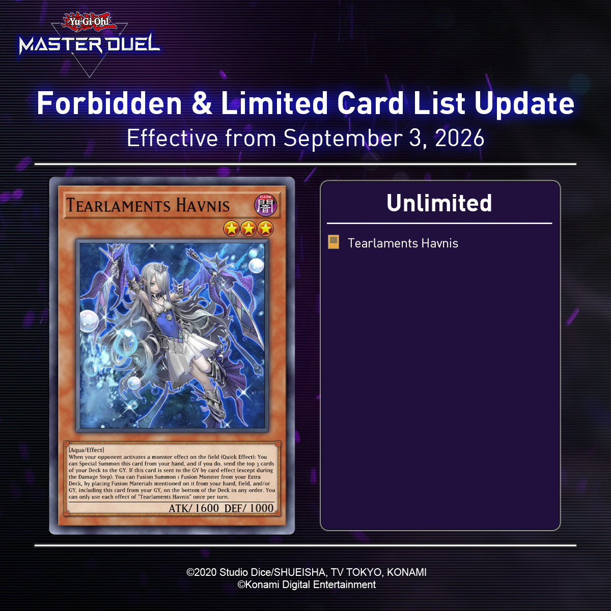 YGOMasterDuel's tweet photo. In case you missed it, the new Forbidden &amp; Limited List is now in effect in #YuGiOhMASTERDUEL!  

For more information, please check your in-game notifications. https://t.co/Q7mpkCRSzl