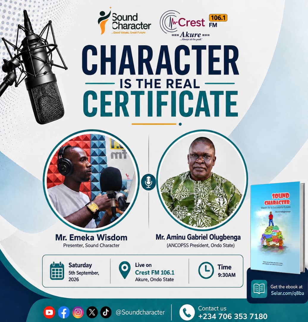 SoundCharacter's tweet photo. Join me this Saturday (Sept. 5) by 9:30am on the 'SOUND CHARACTER RADIO SHOW' by tuning in to CrestFM 106.1 Akure. 

Or download the Radio Garden App and click the link below by 9:30am to listen from anywhere in the world.

https://t.co/Pe36SrJMpY

Thank you. https://t.co/IQrsno9Ky7
