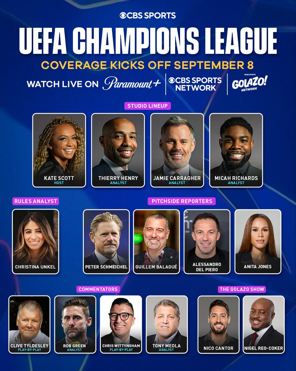 CBSSportsGang's tweet photo. CBS Sports’ UEFA Champions League coverage returns on Sept. 8 with three days of action and every match on @paramountplus

The Golazo Show and UEFA Champions League Today studio coverage will be available for free on CBS Sports Golazo Network all three days https://t.co/STScajKMAi