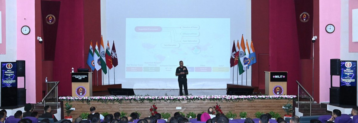 HQ_IDS_India's tweet photo. Lt Gen Harsh Chhibber, DG Information Systems, engaged with the Student Officers of #DSTSC09 on “Network and Data Centric Warfare,” sharing insights into the changing geopolitical environment marked by transition and diffusion of power and rapid technological disruption.

He explained the Information Support Architecture and the growing role of AI in Network Centric Operations, highlighting how data, technology and AI are transforming the kill chain and decision-making in warfare, while also enabling greater efficiency and improved processes across existing systems.

#MILIT #ProfessionalMilitaryEducation

@DefenceMinIndia 
@SethSanjayMP 
@SpokespersonMoD 
@MIB_India