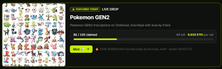 _Ordihood_'s tweet photo. Mint still ongoing for the GEN2 Pokemon Collection.

1400+ inscriptions so far on the Ordihood protocol.

New utility dropping soon : Staking and platform fees sharing!

Don't fade !

https://t.co/HSVqVJVqdp https://t.co/1QsokSmkhH